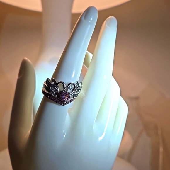 2pcs/set Heart-Shaped & Swan-Adorned Cubic Zirconia Decorative Rings Size 8 - Picture 4 of 6